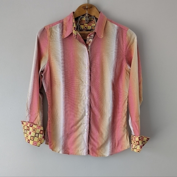 Robert Graham Shirt Women's 10 Pink Orange Stripe Button Up Geometric Cuffs - Picture 1 of 9